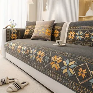 Boho Chenille Sofa Slipcover, Geometric Embroidery, Pet-Friendly, Thick Plush, Furniture Protector, Home Decor for Bedroom Office Living Room