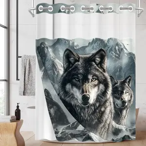1PC 2D Flat Snow Mountain Wolf Pack Pattern Double-Layer Woven Shower Curtain (No Hooks), Transparent Top Window, Removable Liner with Clips, Modern and Unique Home Bathroom Partition Art Decoration, Bathroom Decor, Holiday Decoration