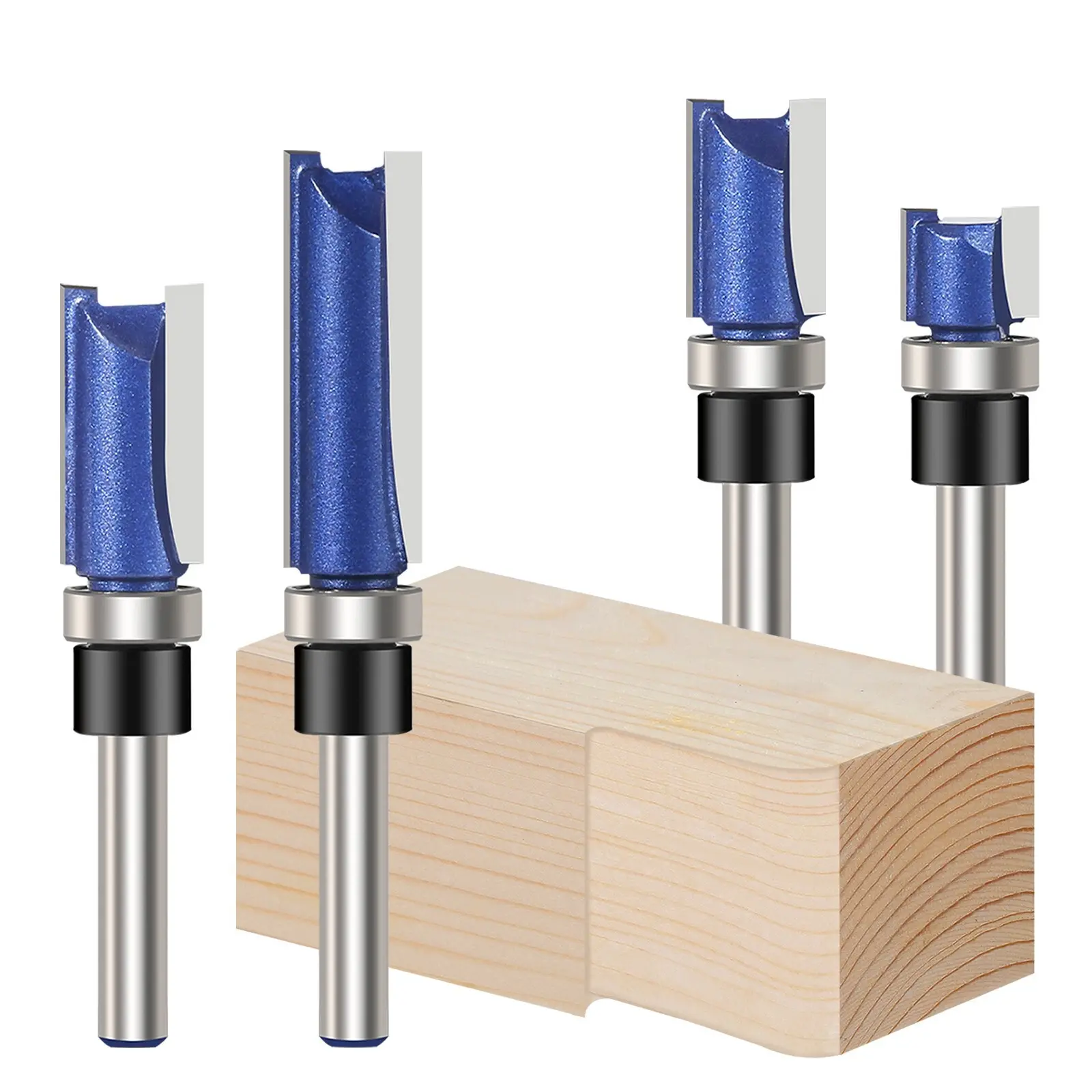 4-Piece Multi-Size Flush Trim Router Bit Set, 1/4" Shank, 1/2" Cutting Diameter, 11.9mm-38.1mm Cutting Lengths for Woodworking, Laminate, Template Cutouts with Clean Finish, Four Pieces