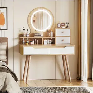 Vanity Desk with Lights and Mirror Adjustable LED Makeup Mirror Vanity Table Set 4 Drawer Compact Dressing Table with Storage Shelves for Small Spaces Solid Wood Frame