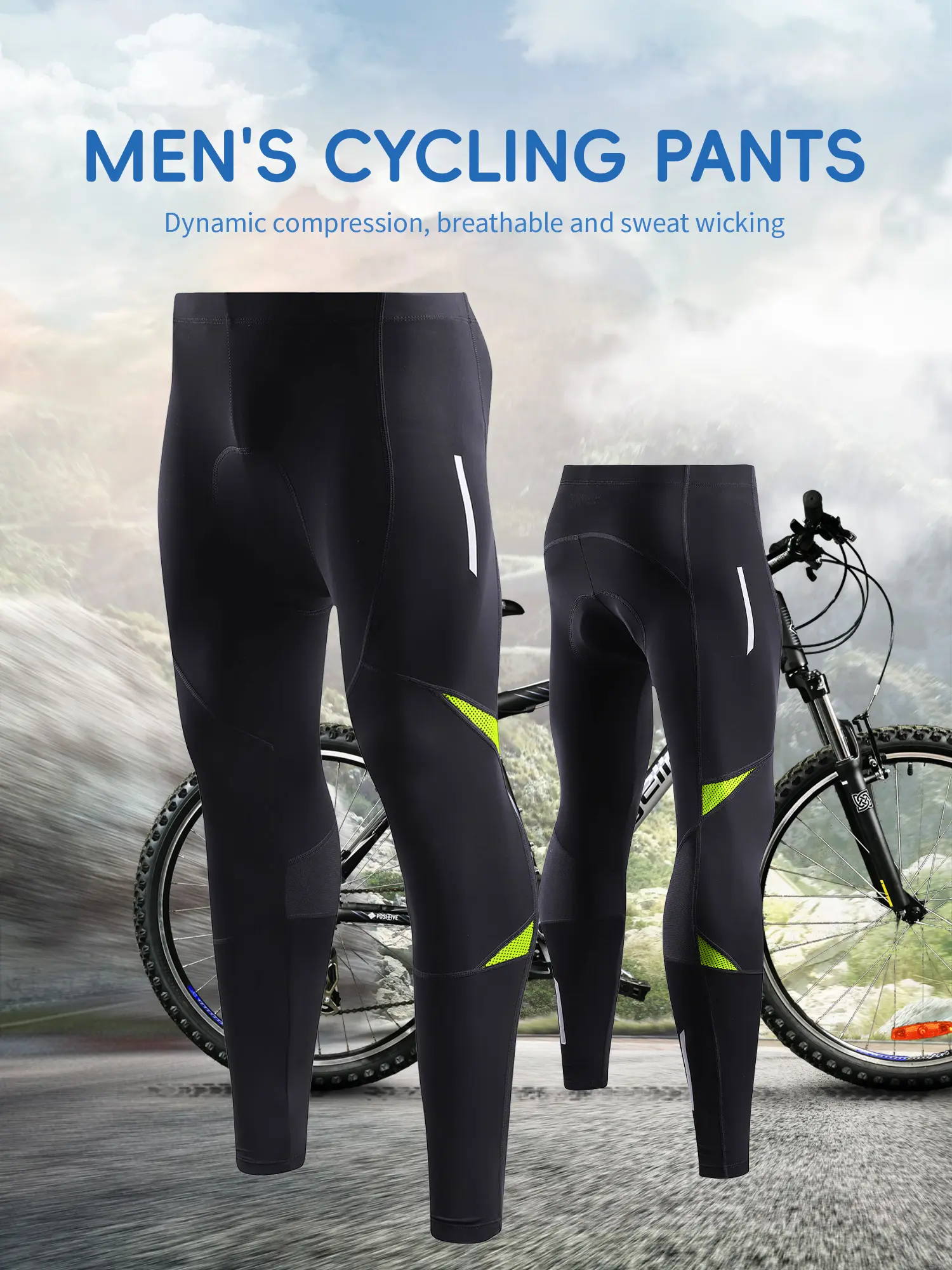 Men’s stretch cycling long pants made from breathable, quick-dry fabric; shock-absorbing, breathable seat cushion; reflective stripes for nighttime visibility; suitable for outdoor cycling, mountain biking, road cycling, and wilderness activities.