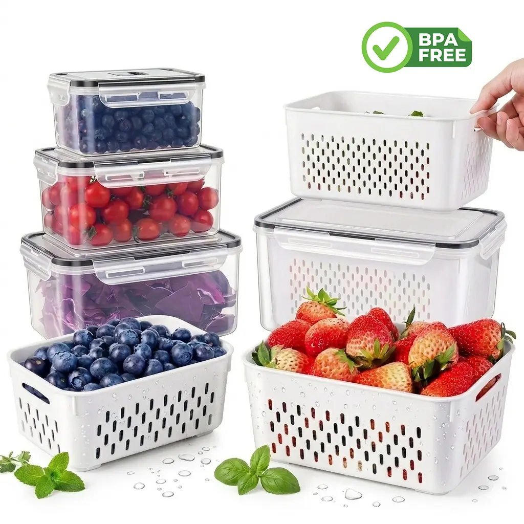 3-Pack Clear Fridge Organizer Bins | Stackable Fruit Storage Containers for Fridge with Removable Colander, BPA-Free Food Storage Container for Salad Berry Lettuce Vegetables Meat Keeper Fresh