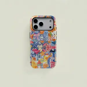 Retro-style summer fruit patchwork protective case with blue and orange color blocking. Durable 2-in-1 case, compatible with iPhone 17/16/15/14/13/12/11 Pro Max/Plus/Pro and Samsung Galaxy S25/S24/S23 Ultra series. Simple and stylish phone case.