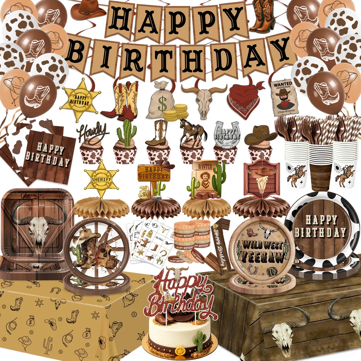 Western Party Decorations Cowboy Birthday Party Decorations Tableware Sets with Plates and Napkins Tablecloths Banner Balloons Cake Toppers Honeycomb Centerpieces for Western Decor Serve 26