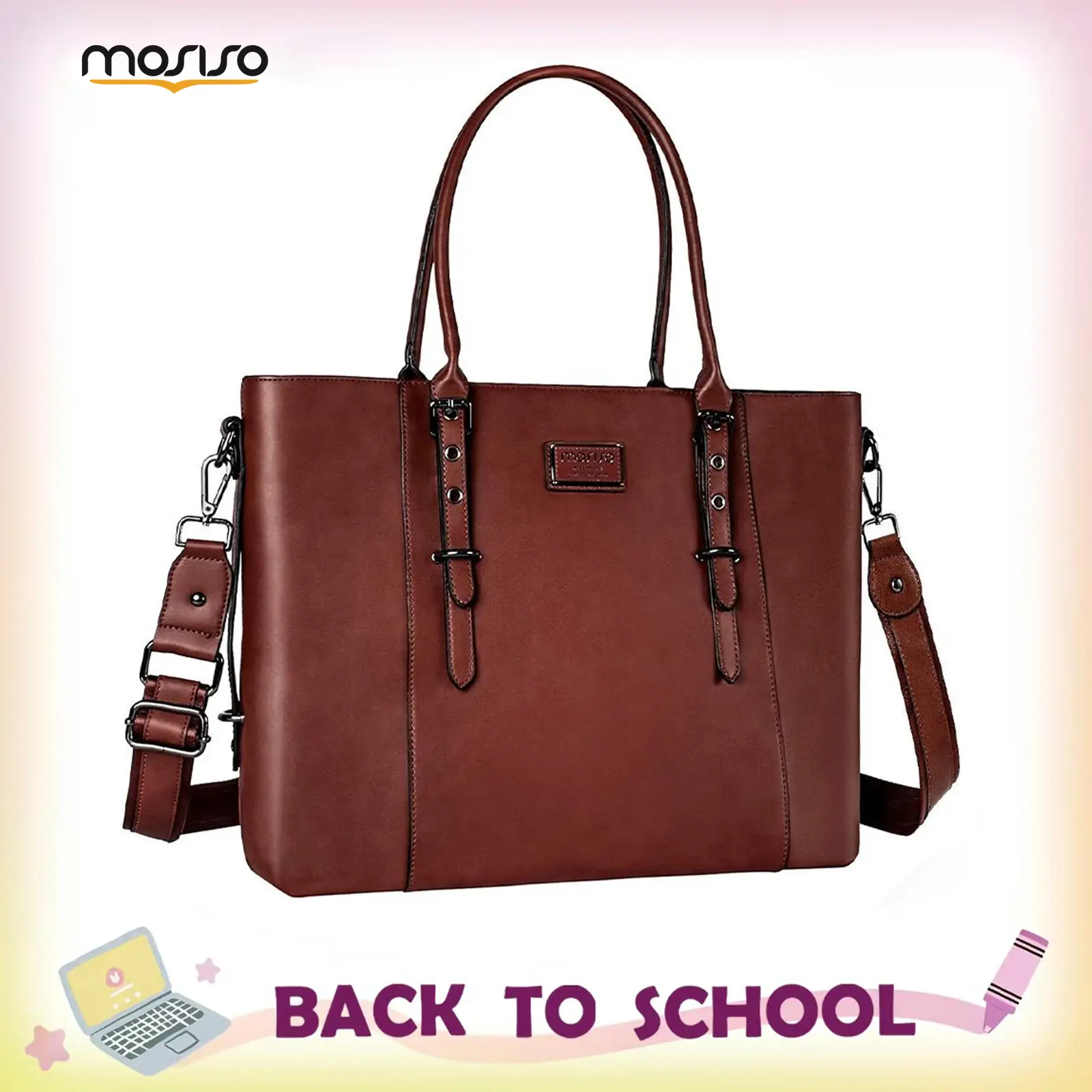 MOSISO Women's PU Leather Laptop Tote Bag - Waterproof Work Bag for Women, Crash-Proof Laptop-Friendly Multi-Attachment Computer Case, 13.3-17.3in, Durable Lightweight, Adjustable Strap, Top Zipper Closure, Black Friday Gift, Work Bags For Women