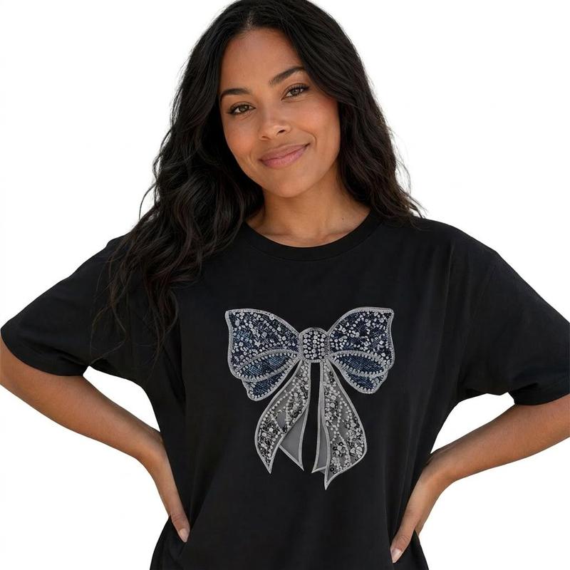 Coquette Bow Graphic Tee Women Sparkle Denim Bow Print Shirt Plus Size Top