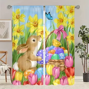 Easter Theme Printed Curtains, Cute Bunny Painted Eggs, Dreamy Fairy Tale World, Durable Polyester Fabric, Easy Installation