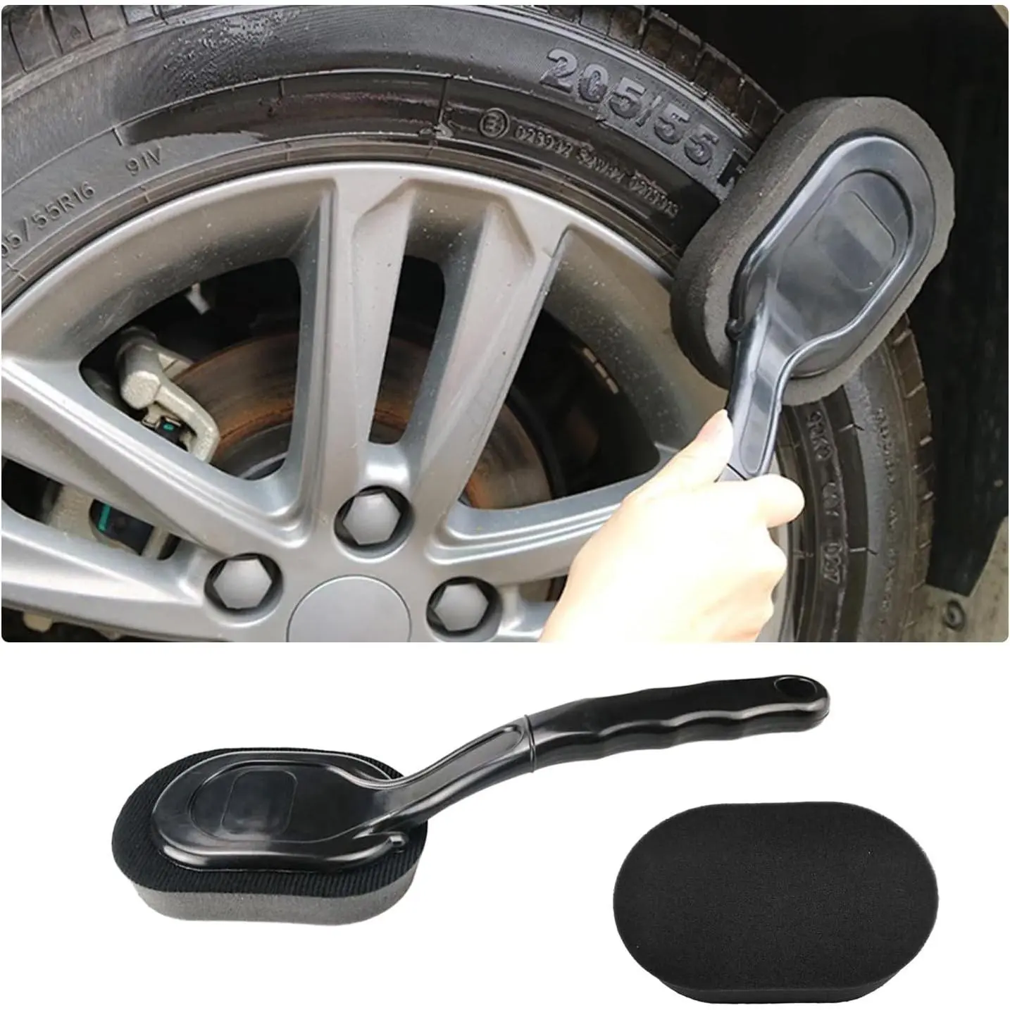 Tire Shine Applicator Brush, High-Density Sponge Tire Dressing Applicator Pad with Long Handle, Multipurpose Curved Auto Tire Detailing Tool,  Cleaning Waxing Accessory