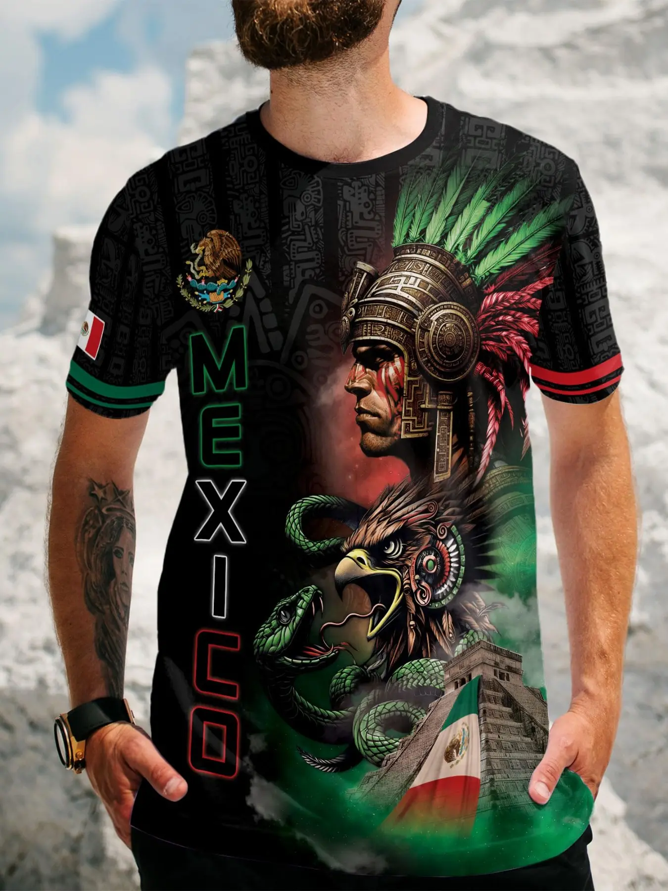 Men's Aztec Pattern Shirt, Mexican Flag T-Shirt, Vintage Sports Short Sleeve, Quick-Dry Soccer Jersey, Casual All Seasons Clothing, Football Athletic Shirt, Athletic T Shirts