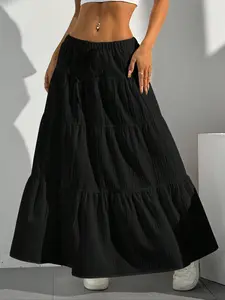 Women's High Waist Elasticated Pleated Hem Long Skirt, Casual A-Line Skirt, Elegant Casual Skirt, Loose Fit, All Seasons, Plain Pattern, Minimalist, Bottom, Womenswear, Loose Fit Skirts