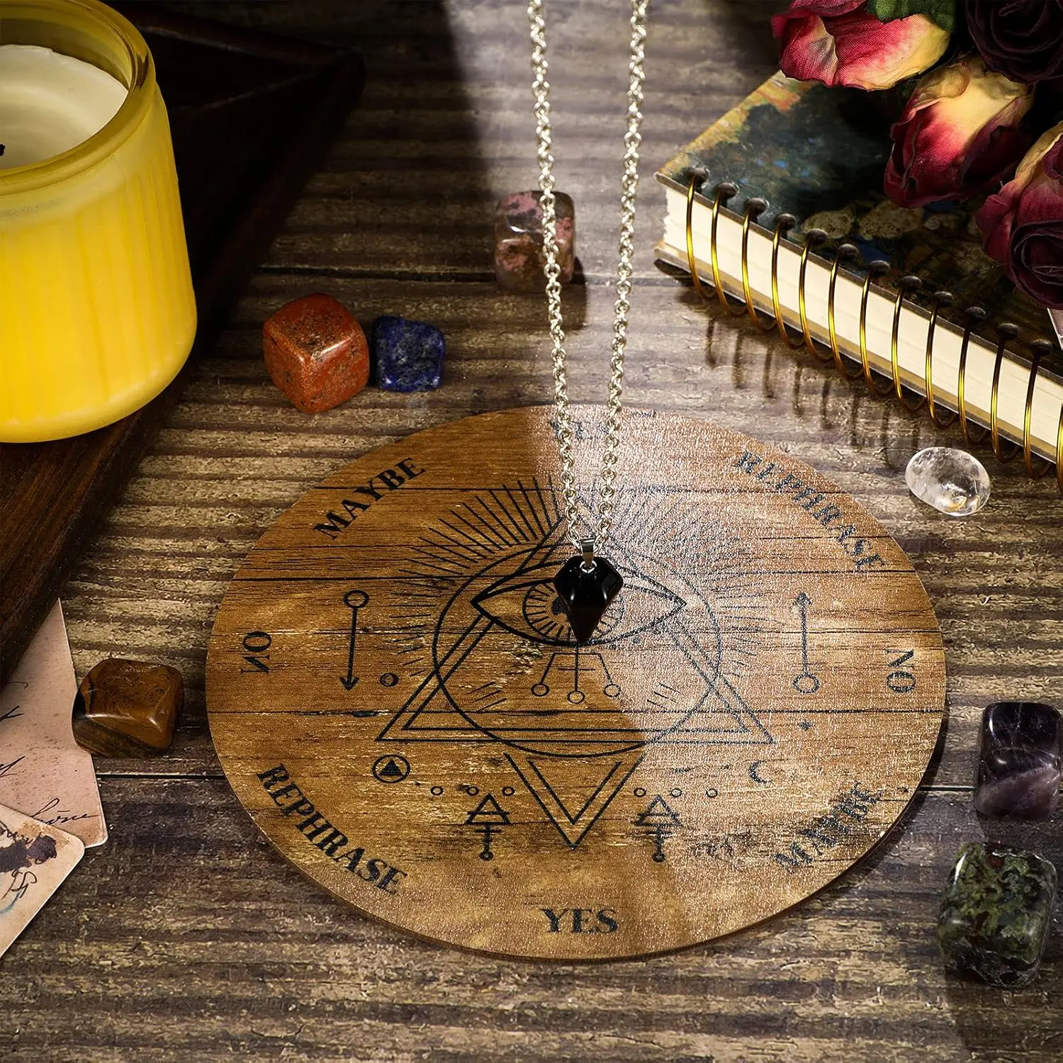 3-piece wooden divination board set, equipped with crystal divination pendulum, witchcraft altar supplies, wooden divination board metaphysical message board set, room decoration, home decor, Decoration items, feng shui accessories