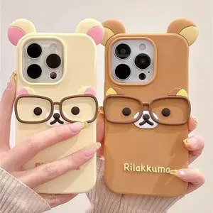 Cute Glasses Bear Silicone Protective Phone Case Cover For iPhone 16 15 14 Pro Max Soft Case with Drop Protection