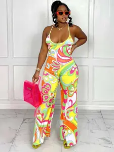 Women's Colorblock Print Halter Neck Sleeveless Jumpsuit, Sexy Backless Wide Leg Romper, Fashionable Aesthetic All-In-One Hr012-Huanse-001