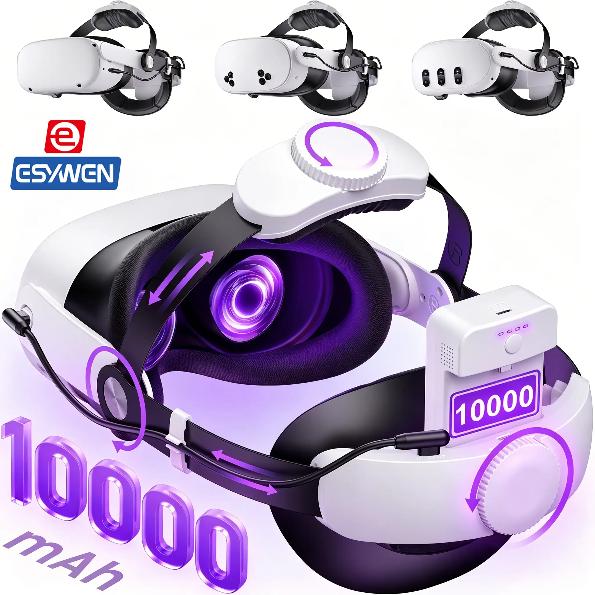 ESYWEN Head Strap for Oculus Quest 2 & 3 &3S Accessories,with 7500mAh/10000mAh Rechargeable Battery, VR Accessories Adjustable Elite Strap for Oculus Quest 2 & 3 VR Headset