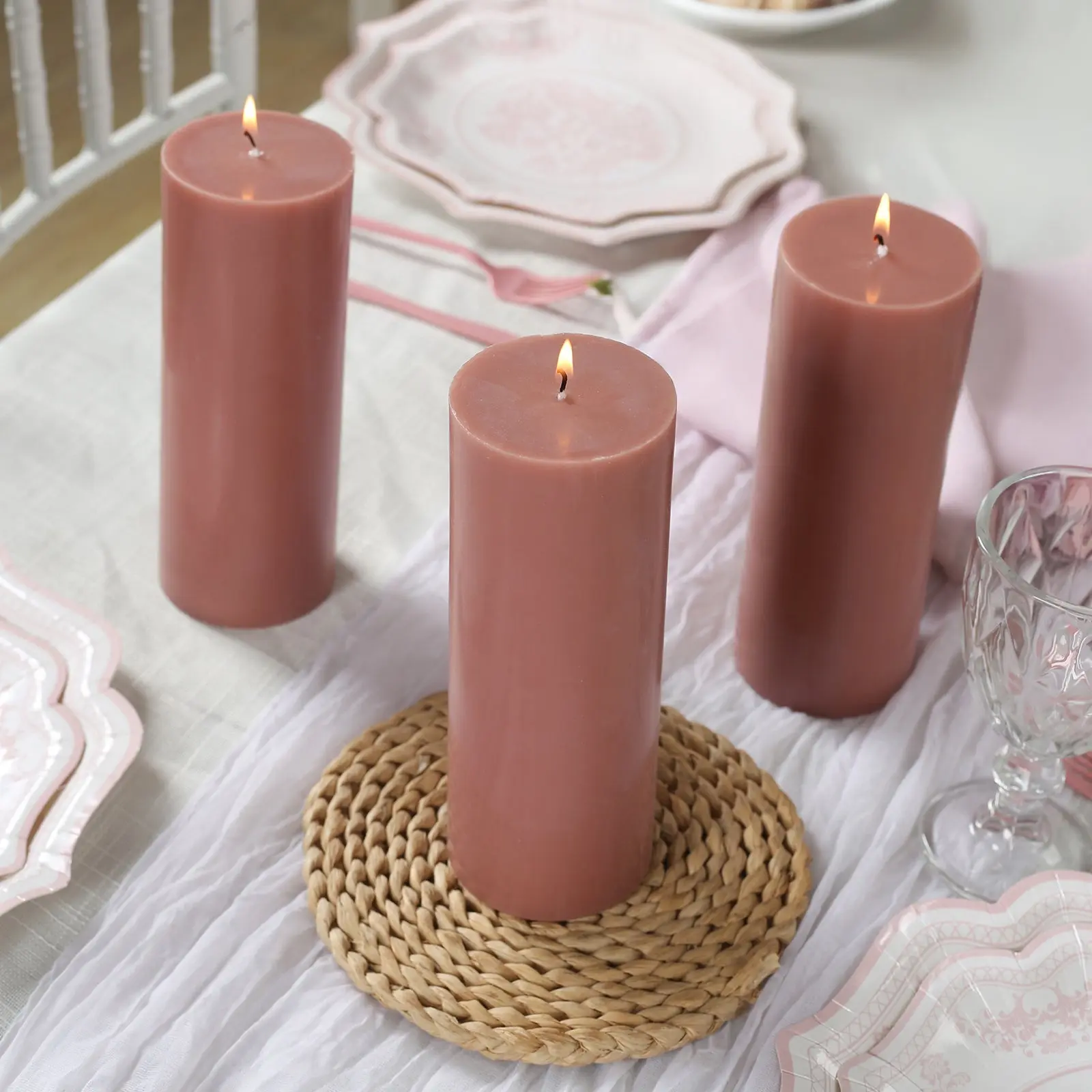Unscented Dripless Pillar Candles (12-Pack Box Pack, 3"x8") - Dusty Rose Household Candle with Long-Burning Cotton Wick for Wedding Centerpieces, Churches, Home Decor, Restaurants