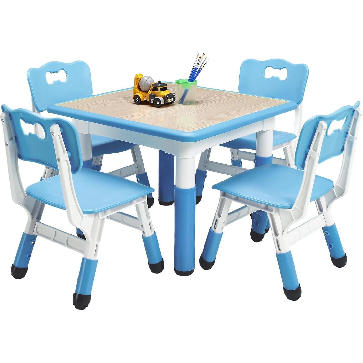 Kids Table and 4 Chairs Set, Height Adjustable Toddler Table and Chair Set, Graffiti Desktop for Classroom,Daycare,Home, Multifunctional Toddler Table