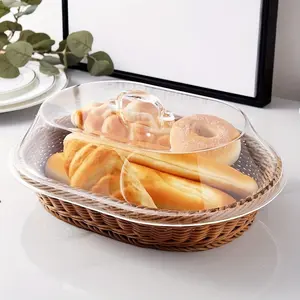 Transparent Acrylic Cover Rattan Bread Basket, Durable Food Storage Basket, Food Display Basket for Kitchen, Outdoor Picnic & Home, Clear, Durable Kitchenware