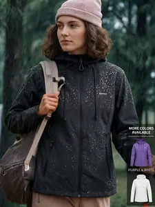 Women's Waterproof Windproof Outdoor Hooded Casual Jacket, Long Sleeve Breathable Softshell Hiking Coat with Zipper Pocket, Lightweight Spring Fall Camping Raincoat, Outerwear Lady