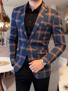 Men's Long Sleeve Plaid Blazer Jacket, Elegant Formal Business Casual Outerwear, Lightweight Fashionable Coat for Fall & Winter