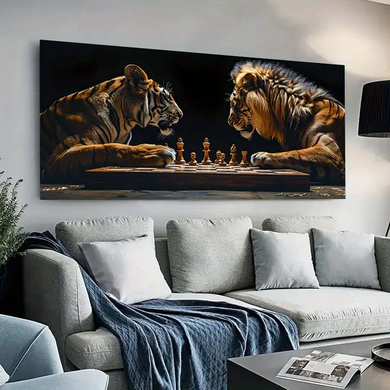 1 Piece Framed Canvas Art Print - Artistic Tiger & Lion Chessboard Theme, Intricate Animal Details, Large Wall Decoration for Livingroom, Home Decor Supplies