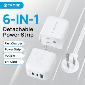 TROND 35W GaN III PD Fast Charger & Detachable Power Strip, 6-in-1 USB C Wall Adapter with 5ft Flat Plug Extension Cord, Multiple Outlets for Travel Home Hotel Dorm Cruise Essentials