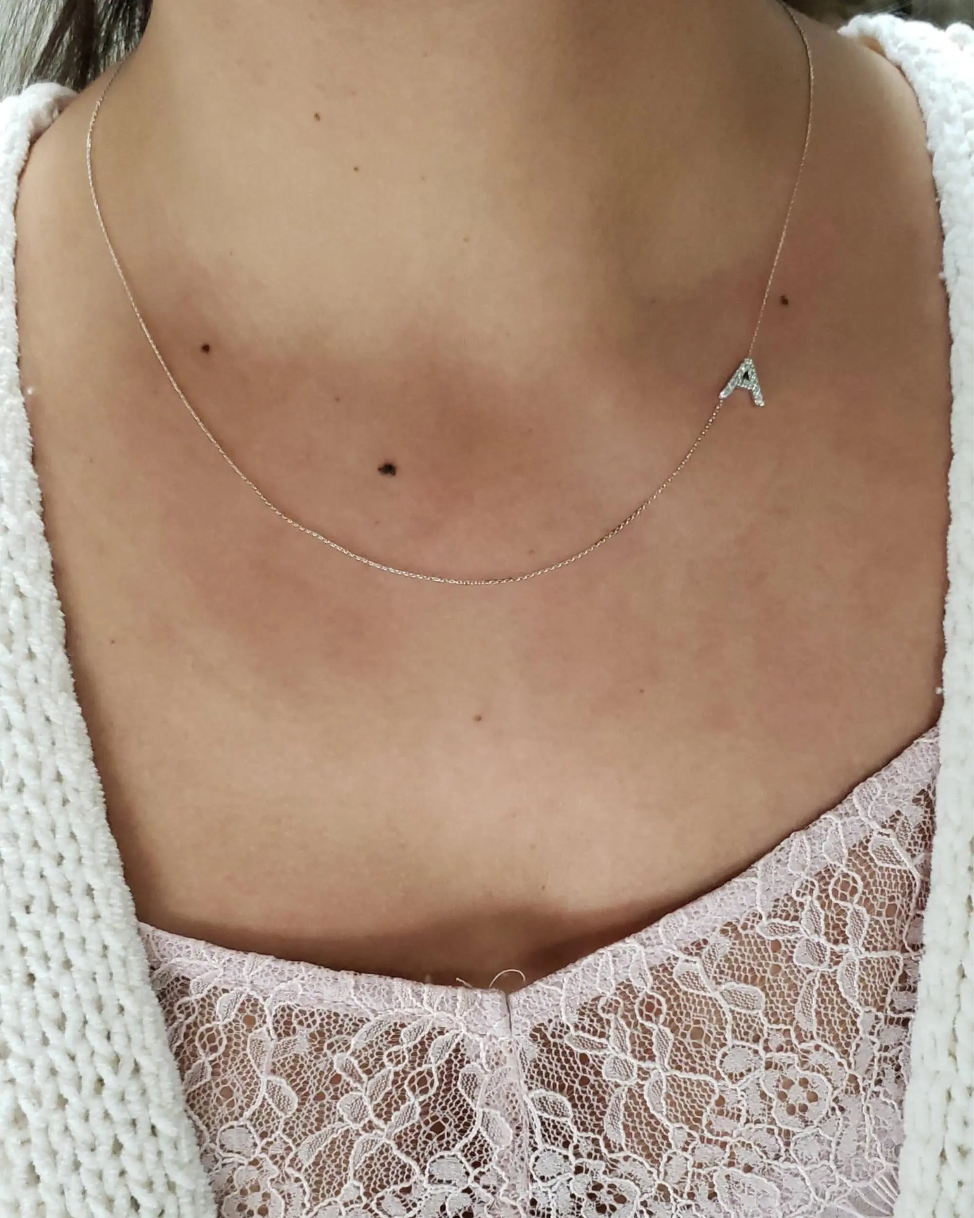 14Kt Gold Initial Letter Diamond Sideways Pendant Necklace