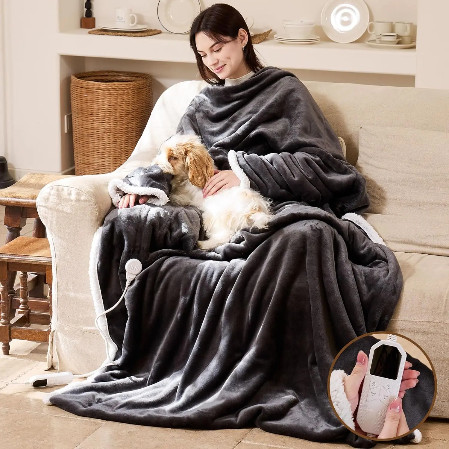 Wearable Heated Blanket with Foot Pocket - Electric Blanket with Sleeves, Portable Heated Throw Blanket for Women Men, Heated Snuggie with 8 Heating Levels