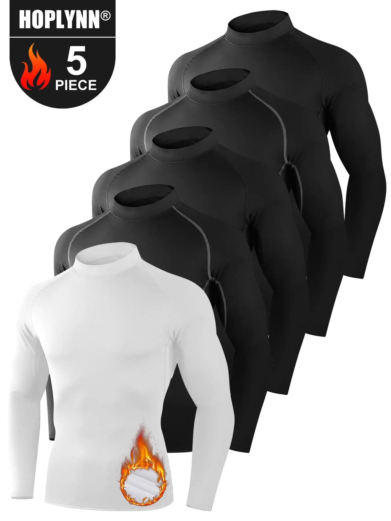 HOPLYNN 5 Pack Men's Thermal Turtle Mock Neck Shirts, Long Sleeve Compression Shirts Fleece Lined Undershirt Base Layer Tops