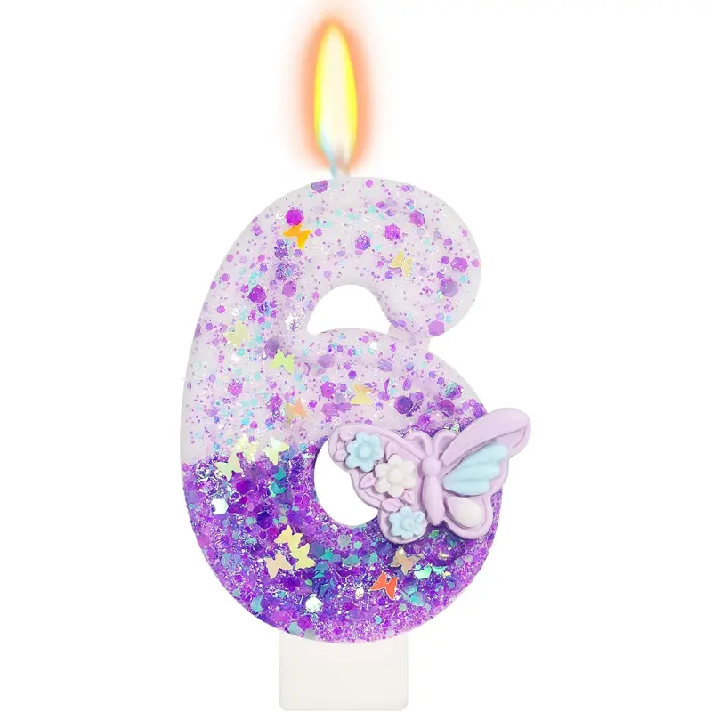 Purple Butterfly 6 Candle - Dainty Food-Grade Wax, Glittered Sequined Layers Cake Topping, Butterfly Motif 6th Birthday Decor for Girls, Anniversary Accent (Home Supplies), Whimsical Flair