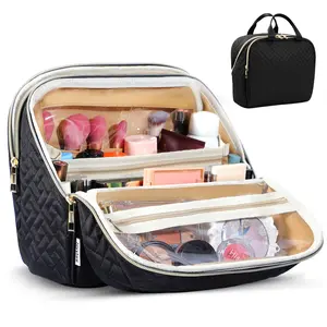 Makeup Bag, Large Capacity Travel Makeup Organizer, Portable Standing Make Up Case, Waterproof Cosmetic Toiletry Bags with Handle, Color Black