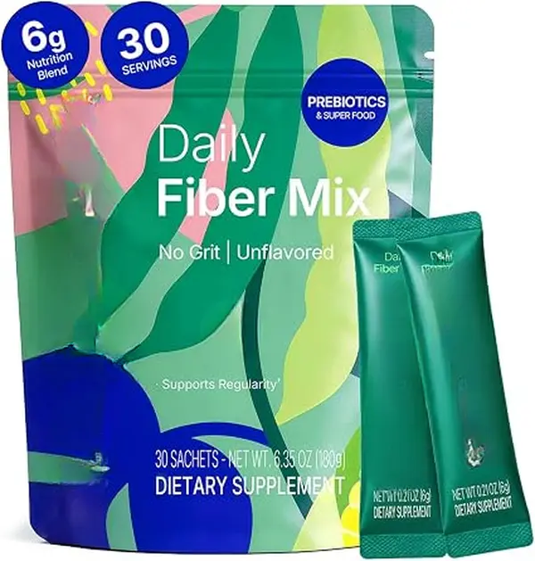Daily Fiber Supplement 6g Powder Packets - 5 Diverse Fibers with Prebiotics for Appetite Suppressant, Regularity, PHGG, Psyllium Husk Drink Mix for Women & Men - 30 Sachets