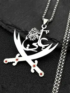 Imam Ali Sword Muslim Islam Pendant Necklace For Men Women Stainless Steel Arabic Zulfiqar Red Rhinestones Chain Gift Charm Necklace