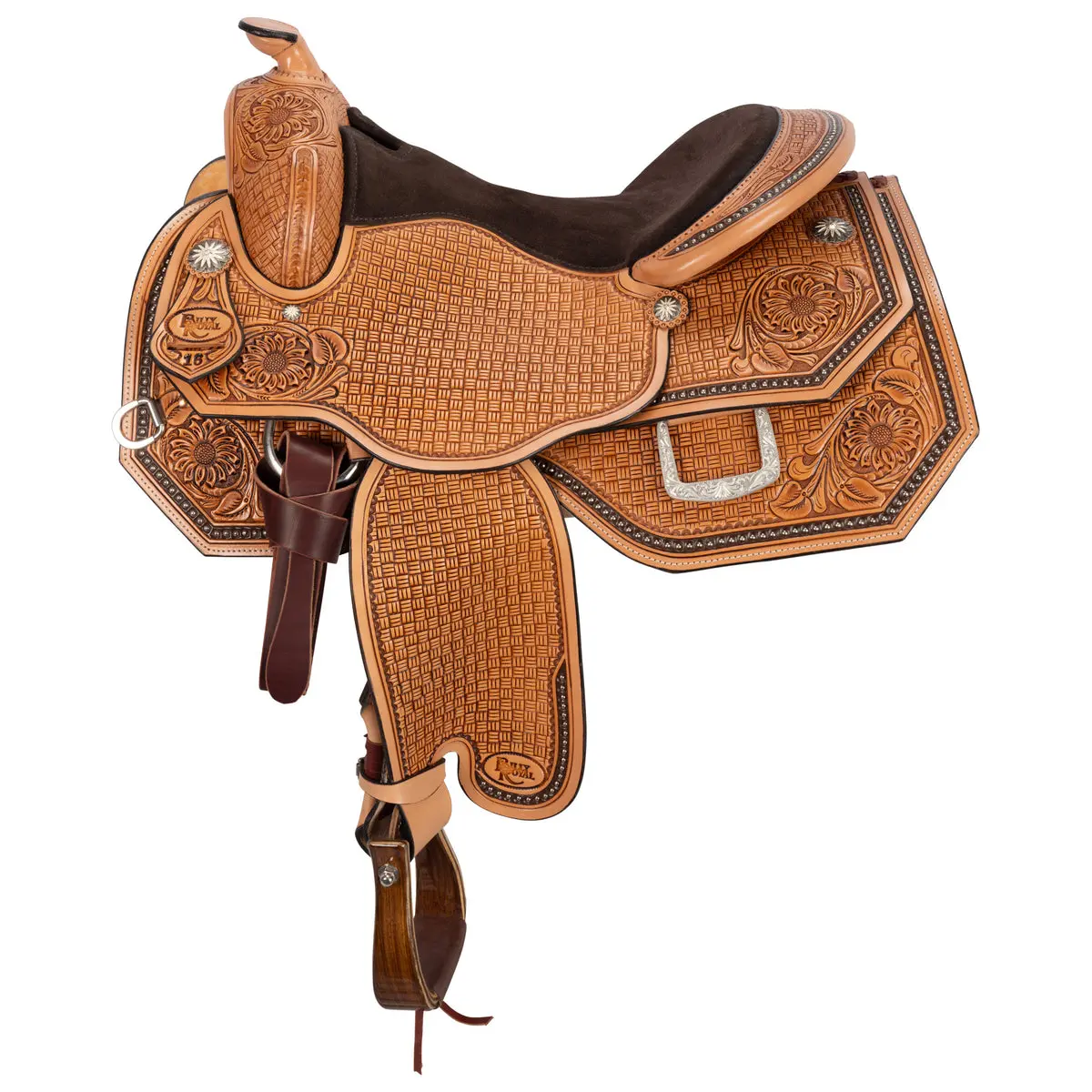 Western Show Saddle, Handcrafted Floral Tooled Grade A Leather with Chocolate Trim, Heavy-Duty for Barn and Equestrian Settings