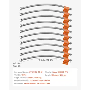 VEVOR Faucet Hose Connector, 16-Inch Length, 3/8 Inch Compx 1/2 Inch FIP 10-Pack Braided Stainless Steel Faucet Supply Line, Faucet Hose Connects Kitchen Bathroom Sink to Water Supply, Certified Safe