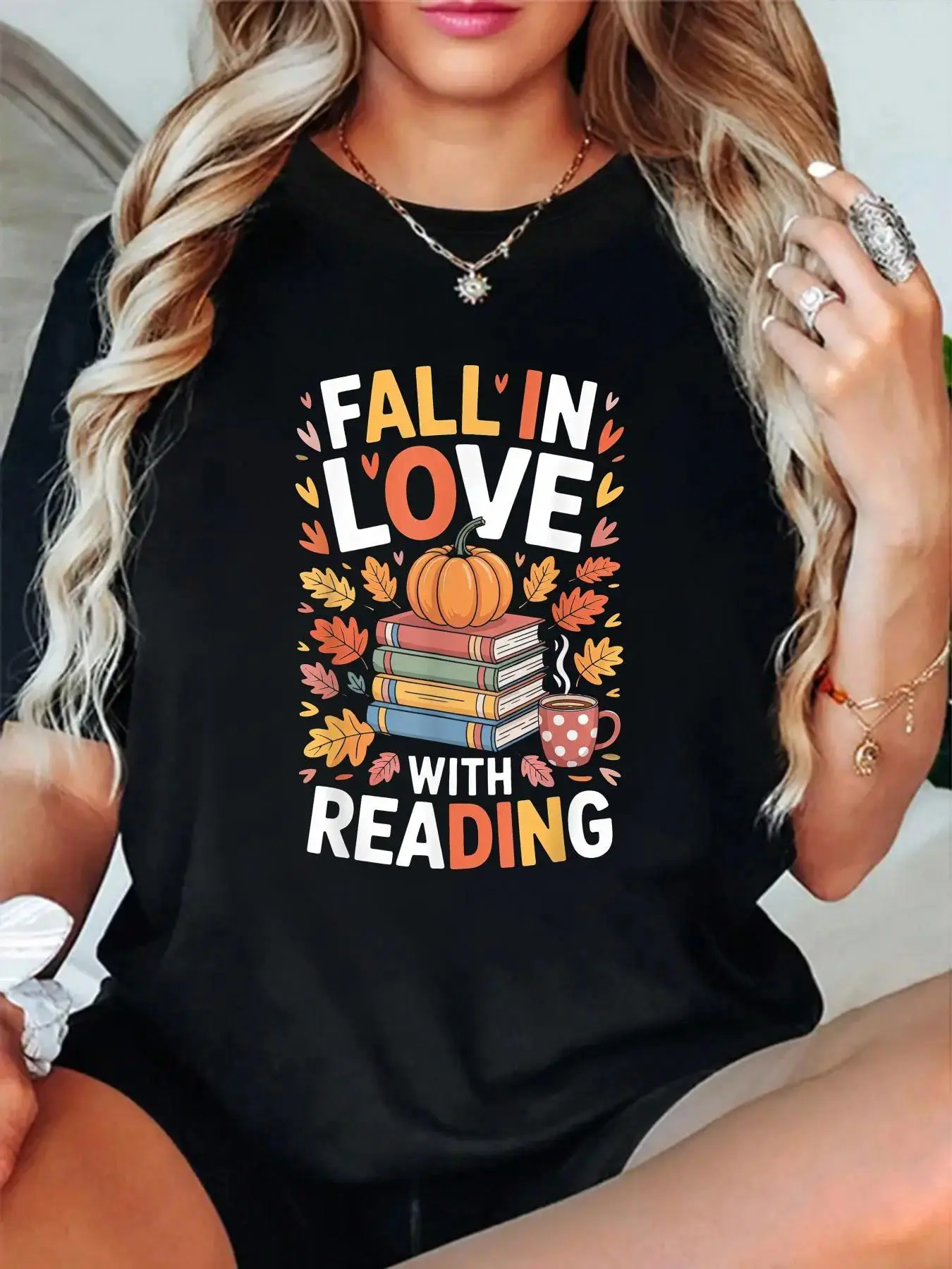 Fall In Love With Reading Lovers Cozy Season Readers T-Shirt women's graphic tees fall shirts Casual All-Season Sportswear,Round Neck, Short Sleeve, Machine Washable