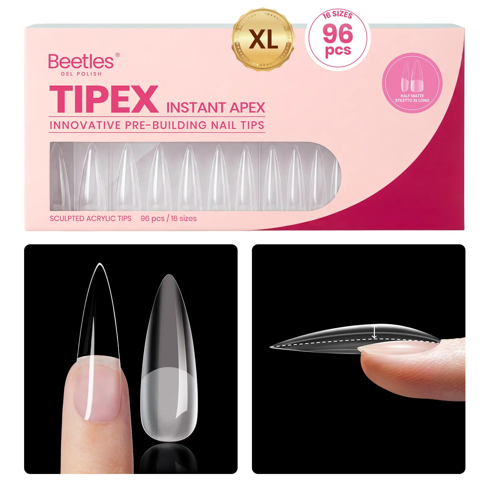 beetles Gel Polish Tipex & Tipex Lite Nail Tips with Built-in Apex, XL Long Sculpted Fake Nails for Beginner-Friendly DIY Acrylics, Acrylics Nail