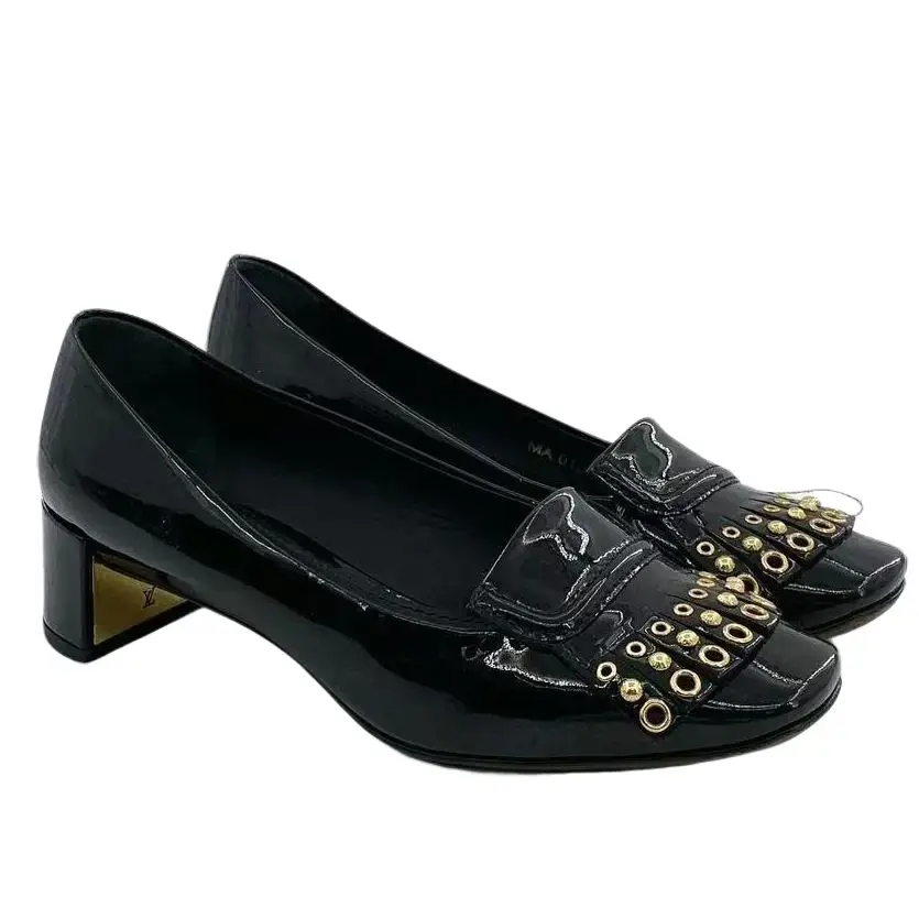 RDLT-Louis Vuitton Size 36 Black Patent Leather Block Heel Pumps Decorated With Rivets-H37814