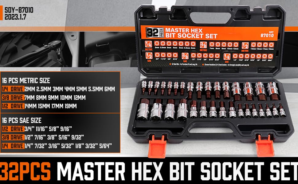HORUSDY Allen Socket Set | 32-Piece Hex Bit Socket Set | S2 Steel Socket | SAE and Metric | 1/4", 3/8", & 1/2" Drives drive impact hex driver tool kit household tool automotive