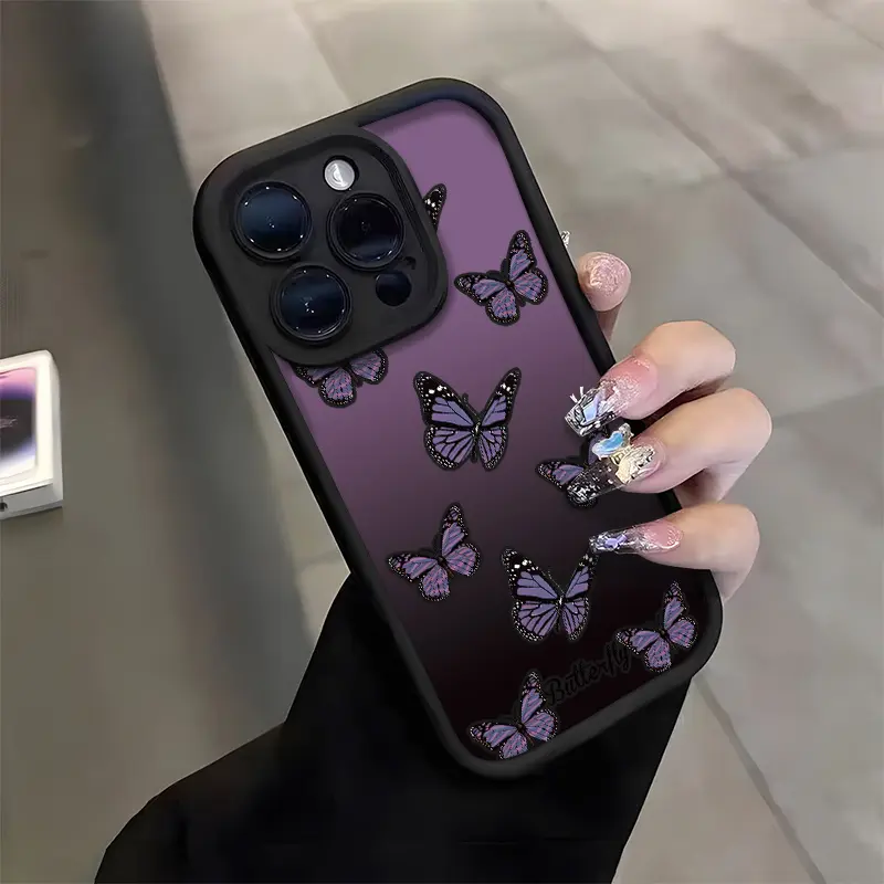 Gradient Purple Butterflies Print Smartphone Casing - INS Sweet Style, Shockproof Stepped TPU Soft Cover, Handheld Devices Protector, Fits iPhone 17,16,16E,15,14,13,12,11,X,XS,XS Max,13 Mini,12 Mini, Festive Gift Accessory, Phone Protector