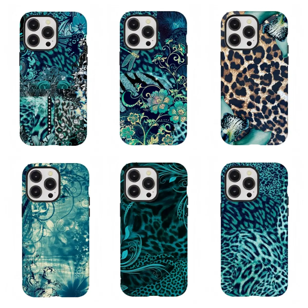 Vintage Teal Boho Floral Phone Case Trendy Tough Phone Case Compatible for iPhone 17 16 15 14 13 12 11 and for Samsung S21-S25 Perfect Gift for Leopard Print Fans