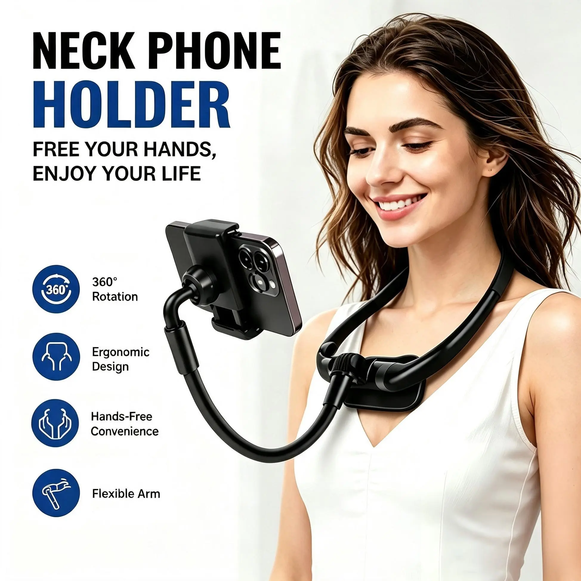 Flexible Neck Phone Holder Stand for Bed with Magnetic Splicing Neck Ring, Flexible Gooseneck POV/Vlog Selfie Bracket for iPhone, Samsung & Other 4.7–6.7inch Android Smartphones