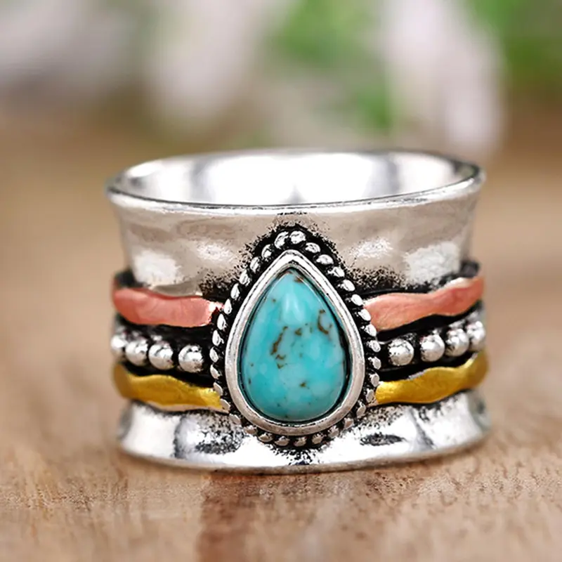 Vintage Turquoise Texture Decorated Ring, Statement Ring, Unique Rings, Beautiful Rings, Fashion Accessories for Women & Girls, Trendy All-match & Exquisite Jewelry for Birthday Gift