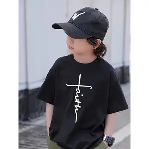 Cross-shaped English Print Boys' Fashionable Summer Short-Sleeve T-Shirt, Printed Cool Kids' T-Shirt, Casual Top