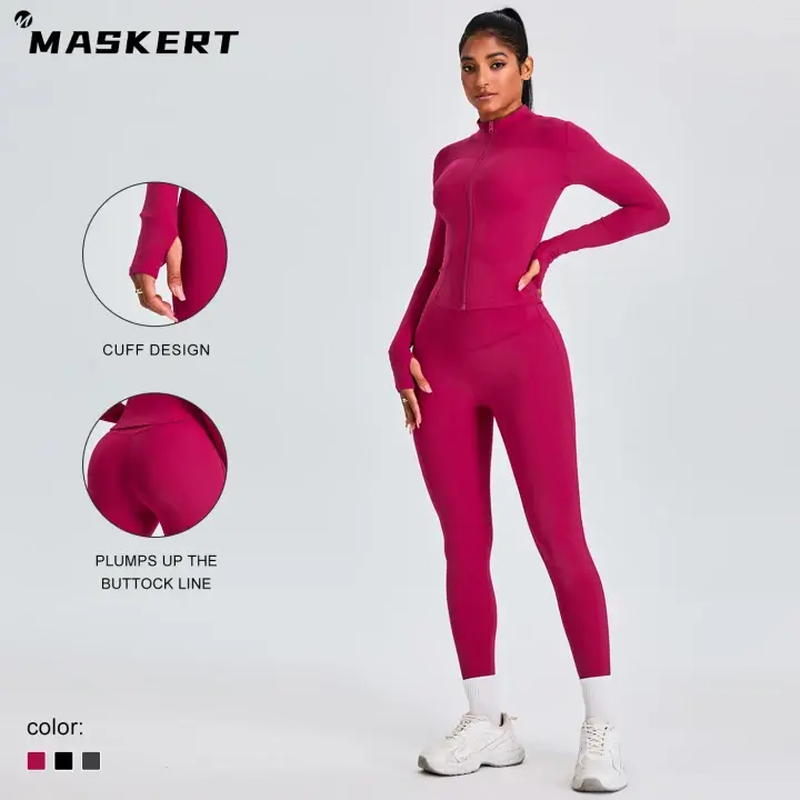 MASKERT Women's Two Piece Set High Waist Tight Fitting Leggings & Zip Up Crop Jacket Workout Activewear for Gym & Outdoor Active summerwins summerwins Sport Set Lightweight Compression Sportswear