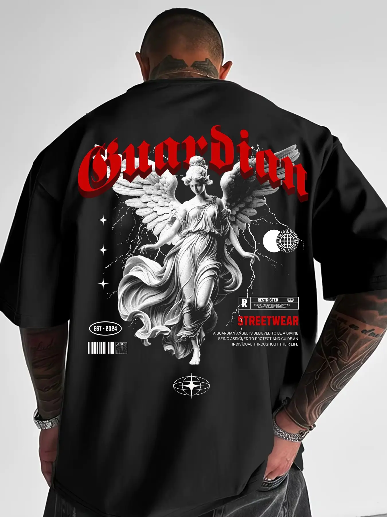 Premium Oversized Graphic Tee Men's Streetwear Dark Angel Sculpture Print Gothic Lettering Heavyweight T-Shirt for Y2K Aesthetic & Edgy Daily Wear