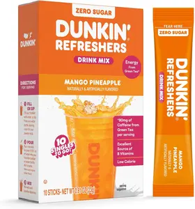 Dunkin’ Zero Sugar Refreshers Singles To Go! Powdered drink mix packets, Mango Pineapple,10 packets per box Energy from Green Tea, aspartame-free, no synthetic colors, naturally and artificially flavored, just add water