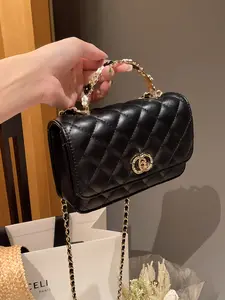 Elegant Crossbody Small Bag, New Floral Handle Rhombus Chain Mini Square Bag, Handheld Chain Shoulder Bag, Fashionable Accessory, Quilted Crossbody Bag