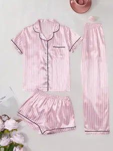 Women's Satin Summer Pajama Set, Pyjamas, Pjs, Striped Short Sleeves & Long Pants, Casual Fitted Cozy Matching Sleepwear Loungewear, Elastic Waist, Button, All Seasons, Pockets