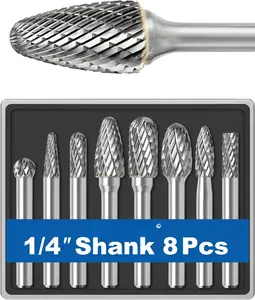 8 count Carbide Burr Set 1/4 Shank w/Clear Box Max  Dia 10mm   Bits Rotary Tools Attachment Kit Rasp Accessories Metal  Stone Steel Grinding Deburring  Porting Carving
