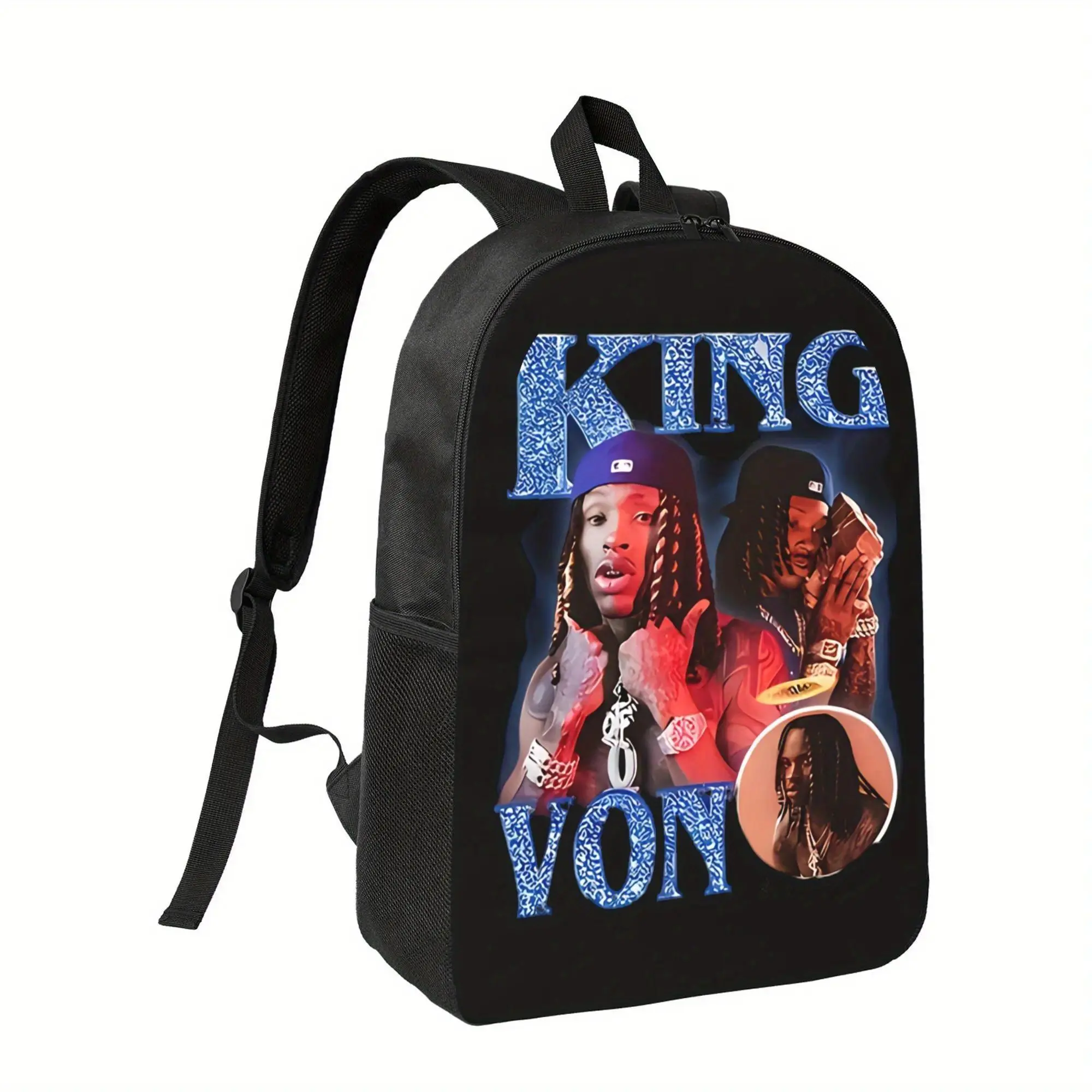 Male Youth King Von 1-1-2xx Synthetic All Over Print Polyester Graphic Backpack - Chain, Black, Large, Number & Logo Design, Fashionable, Simple, School-Ready Fit, No Dry Clean, Ideal for Back to School & Campus Life